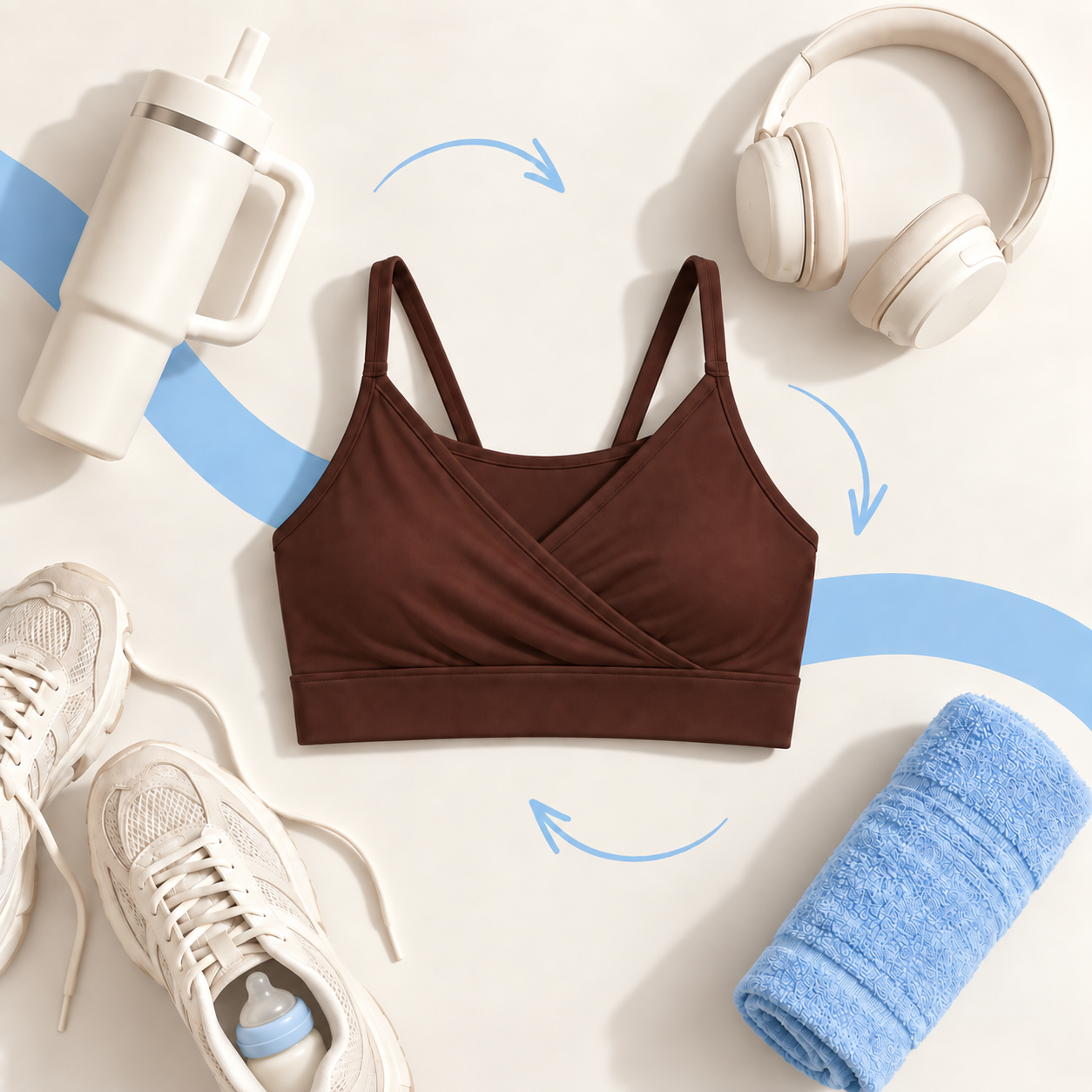 Brassière de sport brune et accessoires, avec un petit biberon glissé discrètement dans une chaussure
